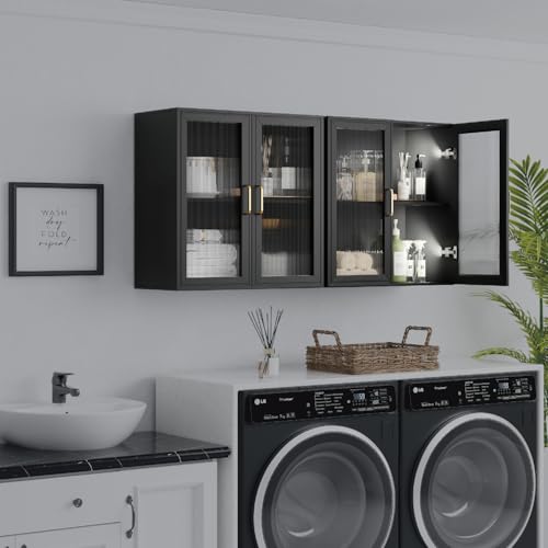 LED Wall Storage Cabinets - Upper Kitchen Cabinets Laundry Wall Mounted Cabinets with 4 Acrylic Glass Doors and Shelf, in Black