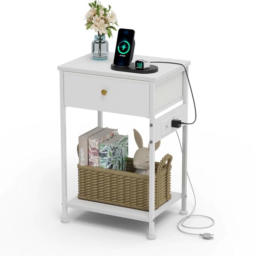 Image of GipGiper White Nightstand with Charging Station, Bedside Table for Bedroom Dorm Nursery Living Room, Night Stand End Table with Removable Fabric Drawer, Open Storage Shelf,Sturdy Steel Frame,Wood Top