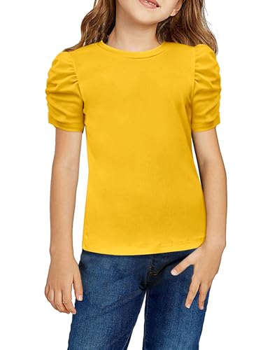 Image of Arshiner Girls Puff Short Sleeve Shirts Summer Ribbed Knit Crewneck T Shirt Tops Tee Blouse