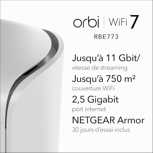 NETGEAR Orbi, Système Mesh WiFi 7, RBE773, 3-Pack, Jusqu'à 11 Gbps, Couvre jusqu'à 540 m², 100 appareils, 2.5GB Internet Port, Tri-Band BE11000, Compatible Murs épais et Toutes Box Internet