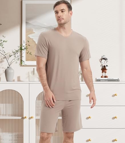 Image of NACHILA Men's Pajamas-Viscose Made from Bamboo, Short Sleeve Top with Shorts Pjs Set V Neck Sleepwear Cool Loungewear