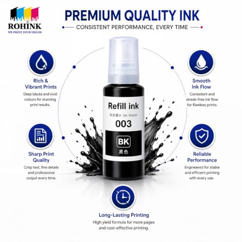 Image of ROHINK 003 Compatible Refill Ink for Epson L3110, L3150, L3250, L3252, L3115, L3116, L3101, L3210, L3215, L3216, L3151, L3152, L3156, L5190 Printers (003 Black Pack 4)