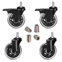 Hirate 3" Caster with 3/8"-16UNC Threaded Stem2 Casters with Brake Lock,4 Pack Swivel Stem Casters with Screw Inserts Mute Rolling for Carts Furniture Trolley DIY Stands