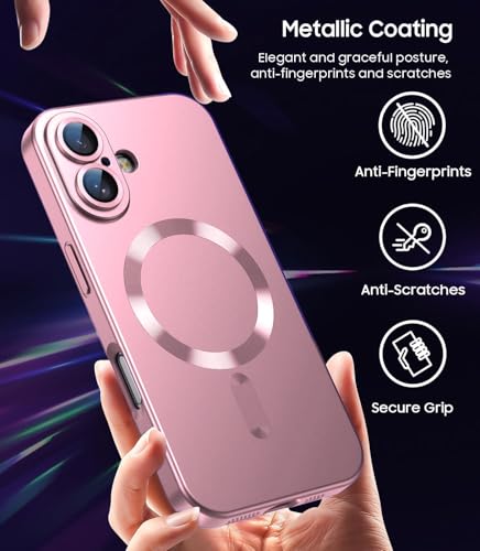 Image of DIZORO Magnetic Case for iPhone 16 Case [Compatible with MagSafe][Built-in Camera Lens Protector] Slim Soft Silicone Bumper Shockproof Metallic Luster Back Cover Phone Case (Pink)