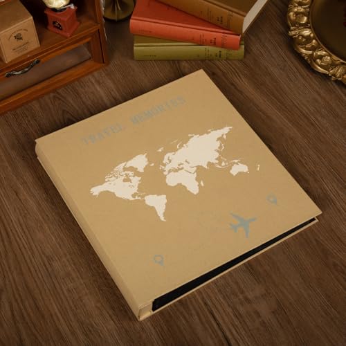 Tslespcx Travel Photo Album 4x6 600 Photos 5 Pictures Per Page, 600 Pockets, Refined Kraft Paper Cover Vacation Photo Album Travel Design World Map Adventure
