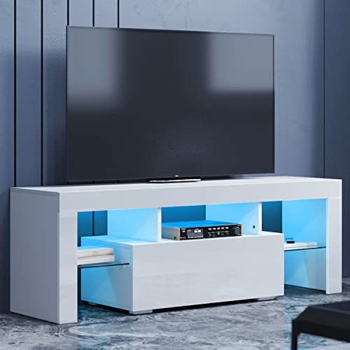 SONNI Mueble TV Blanco con Luz LED, Mesa Durable para Televisión, Armario Salón Moderno Blanco, Cristal Templado, 130cm