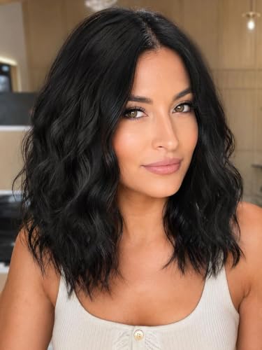 Image of Eawwii Black Wigs for Women,Short Wavy Synthetic Lace Wig