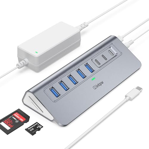 Image of Powered USB Hub 10Gbps, Intpw YH6AC Plus 10 Port USB 3.2 Hub(USB A /USB C 3.2+3 USB-A 3.0+2 PD 45W Fast Charging Port+SD /TF Card Reader), 65W Power Adapter,Aluminum USB HUB for PC,Laptop,iPhone 17 /16