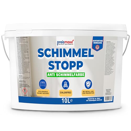 Preismaxx Feuchtraumfarbe für Badezimmer, Küche und Schlafzimmer – Wandfarbe innen weiß mit hoher Deckkraft – atmungsaktiv, feuchtigkeitsregulierend und schimmelresistent (10 Liter)