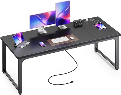 Huuger 63 x 24 inch Desk with Power Outlets & USB-C, Deeper & Thicker Desktop, Robust Metal Tubes, Computer Desk, Heavy Duty Office Desk, Work Gaming Desk, for Home Office, Black