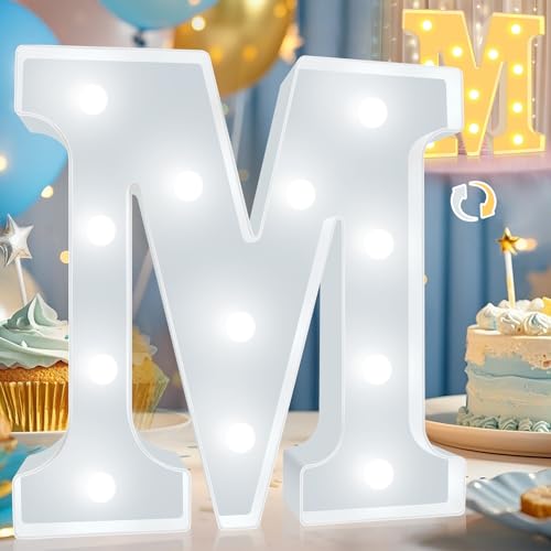 Image of Pooqla LED Marquee Letter Lights, Warm White and Cool White Decorative Lighted Letters, Light Up Alphabet Letters for Boys Girls, Party, Wedding, Bar, Night Light, Birthday Decoration, Letter M