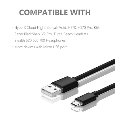 Replacement Micro USB Charger Cable Cord Compatible with HyperX Cloud Flight, Corsair Void RGB Elite, HS70, HS70 Pro, K63, Razer BlackShark V2 Pro, Turtle Beach Stealth 520 600 Headphones