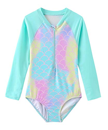 Image of Moon Tree Girls One Piece Swimsuits Long Sleeve Rash Guard Zipper Front Bathing Suit UPF 50+