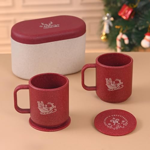 Image of Eha Earth-Friendly Christmas Gifts for Friends and Family | Secret Santa Gifts | Made with Rice Husk | Printed Christmas Mug and Coasters Set of 2, Keychain & Loopac Box | 350 ml | Coral