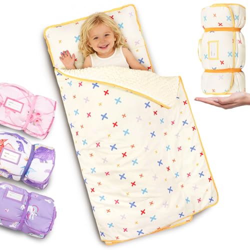 Image of Primlect Thickened Toddler Nap Mat with Removable Pillow and Minky Blanket, Extra Large 55''x35'' Sleeping Bag, Washable, Roll up, Perfect for Daycare, Preschool, Kindergarten, Boys and Girls Beige