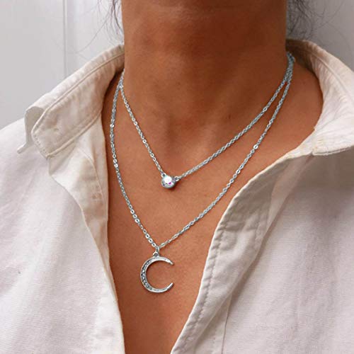 Preisvergleich Produktbild Jovono Multilayered Crescent Moon Anhänger Halsketten Kristall Halskette Modekette Schmuck für Frauen und Mädchen (Silber)