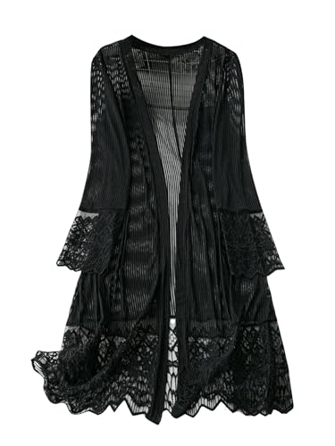 GORGLITTER Women's Plus Size Lace Patchwork Lightweight Cardigan Long Sleeve Open Front Shrugs Long Cardigan