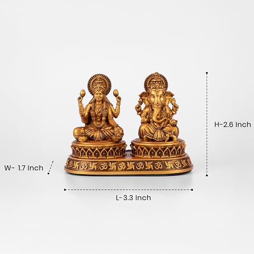 Image of Laxmi Ganesh Idol for Car Daseboard Home Temple and Office Spiritual Polyresin Dhan Sidhi Lakshmi Ganesh Murti for Pooja Diwali Gift Symbol of Wealth Wisdom Golden Finish Statue