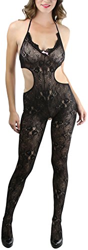 Image of ToBeInStyle Women's Floral Bouquet Lace Cutout Crotchless Bodystocking - Black