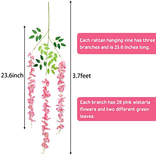 CEWOR 18 Pack Wisteria Hanging Flowers 3.7 Feet Artificial Flowers Fake Wisteria Vine Hanging Garland Silk Flowers String for Valentines Day Decorations Wedding Home Greenery Wall Decor (Pink)