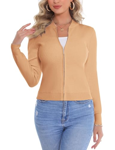 Cardigan Zippé Femme Aottori - Col Montant, Maille Côtelée, Manches Longues