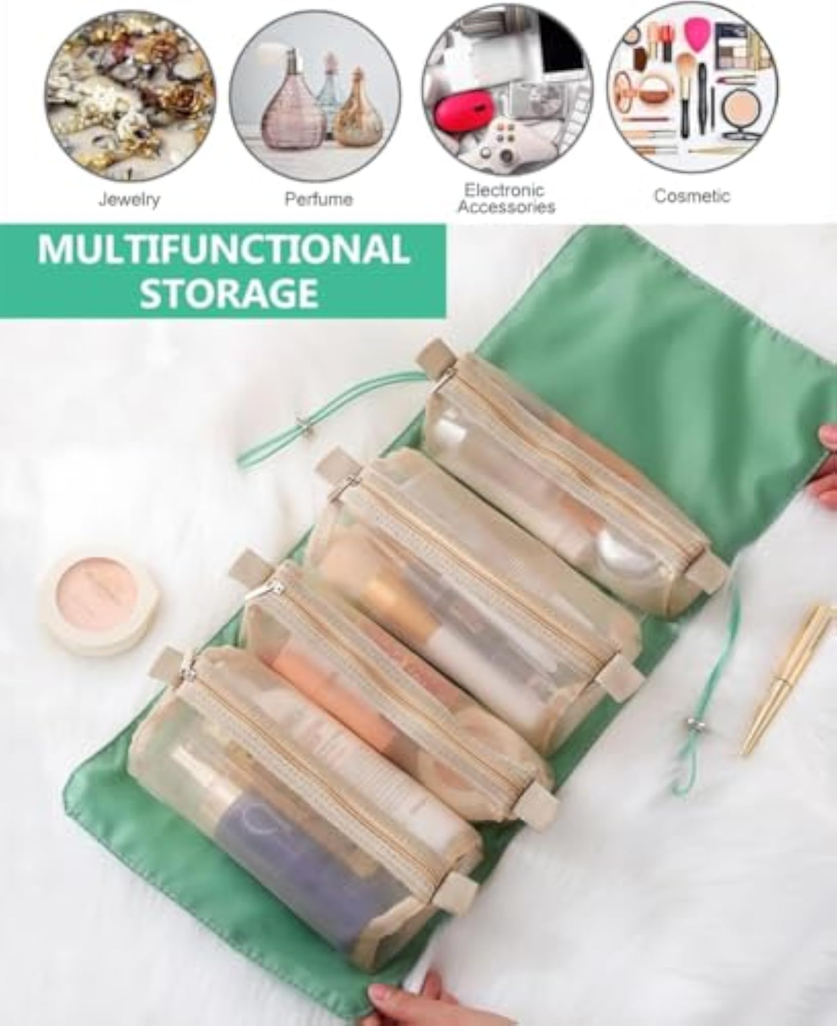 Nylon 4-in-1 Hanging Roll Up Makeup Pouch Kit