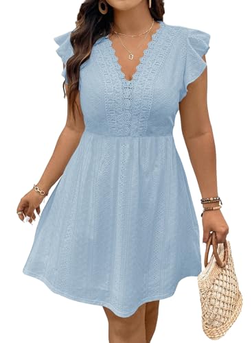 Image of Eytino Plus Size Dresses for Women Summer Ruffle Cap Sleeve Lace V Neck Embroidery Eyelet A Line Dress(1X-5X)