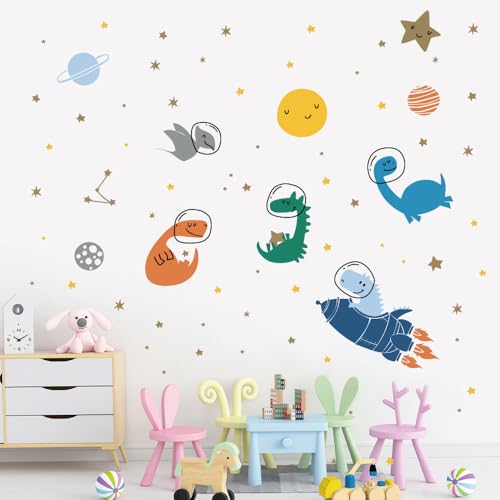 Image of Space Dinosaur Wall Stickers for Kids - Large Peel and Stick Decals (165x136cm) - Astronaut Dino & Planet Galaxy Theme - Nursery & Bedroom Decor