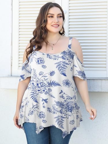 Image of LARACE Cold Shoulder Tops for Womens Summer Clothes Spaghetti Strape Tunic Oversized Shirts Asymmetrical Plus Size Blouse