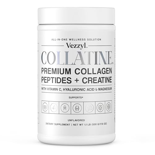 Vezzyl - Collatine - Premium Collagen Peptides + Creatine with Vitamin C, Hyaluronic Acid and Magnesium for Skin, Hair, Nails, Bone & Joint, Muscle, Immune and Cognitive Aid (1.1 LB (500 G/17.6 OZ)