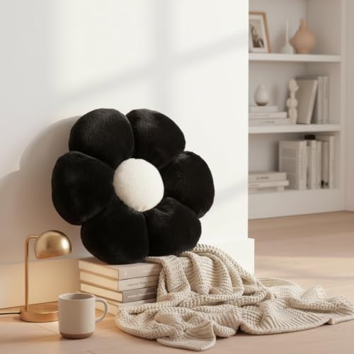Image of AVSHUB Sunflower Aesthetic 6 Petal Cute Preppy Decorative Throw Pillow|Floor Cushion with Fibre Filling for Aesthetic Decoration (Black, 35CM)
