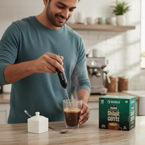 Image of Bevzilla Original Himalayan Shilajit Coffee (40 Sachets) + Rechargeable Milk Frother | 40 Sachets x 2.5g Pure Shilajit | Instant Coffee Combo | Electric Frother