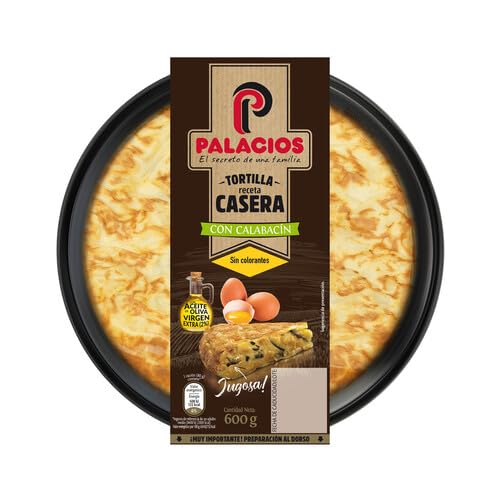 Tortillas PALACIOS, La Tortilla Española con Cebolla y Sin Cebolla, Chorizo, Espinacas,Calabacin y los Pinchos de Tortilla ( Refrigerado) (2 Tortilla de patata casera con calabacín y AOVE, 600 Gr.)
