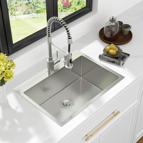 Image of Kichae 24 Drop In Kitchen Sink - Stainless Steel Sinks 24 x 18 Inch Topmount Overmount Single Bowl Handmade Basin with Accessories
