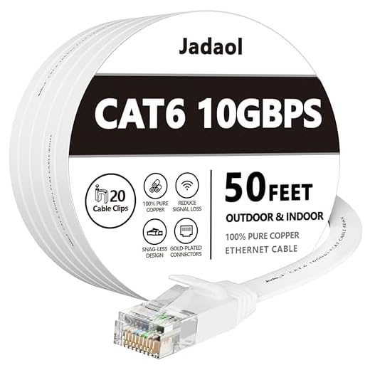 Cat 6 Ethernet Cable 50 ft, Outdoor&Indoor 10Gbps Support Cat8 Cat7 Network, Flat Internet RJ45 LAN Patch Cords, Solid High Speed Computer Wire with Clips for Router, Modem, PS4/5, Xbox, Gaming, White