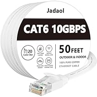 Jadaol Cat 6 Ethernet Cable 50 ft, Outdoor&amp;Indoor 10Gbps Support Cat8 Cat7 Network, Flat Fast Speed RJ45 Internet LAN Computer Solid Patch Cord with Clips for Router, Modem, PS4/5, Xbox, Gaming, White