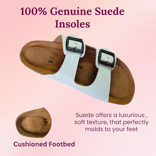 Image of Women's Genuine Leather Slippers | Comfort Sandals | Cushioned Suede Footbed | Anti-Skid Cork Sole | Flip Flips for Everyday Use