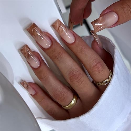IMRAIN Press On Nails - Long Square Brown Marble Gradient False Nails, Glossy Glue On, Artificial Squoval Nude Fake Nails, Full Cover Acrylic Gel, Stick On, 24 Pcs