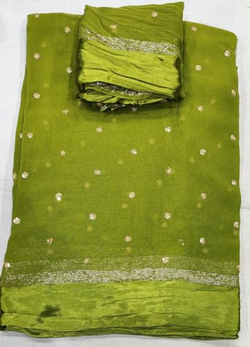 Image of Pure Georgette Sequence Work Saree with Contrast Blouse, Satan Patta Fabric
