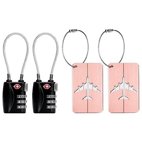 AOUTACC 2 Pack TSA Luggage Lock and 2 Pack Aluminium Metal Luggage Tags, Mini Combination Password and Suitcase Card Holder Bag Tag Name Address ID Bag Label with Key Ring Cover