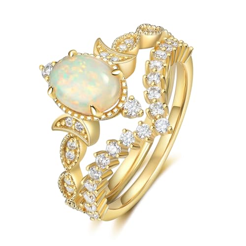 Opal Wedding Ring Sets for Women Center 1 CT Oval Opal Engagement Ring Set with Moissanite 10K 14K 18K Gold Ring Platinum Plated Star Wedding Sets for Her