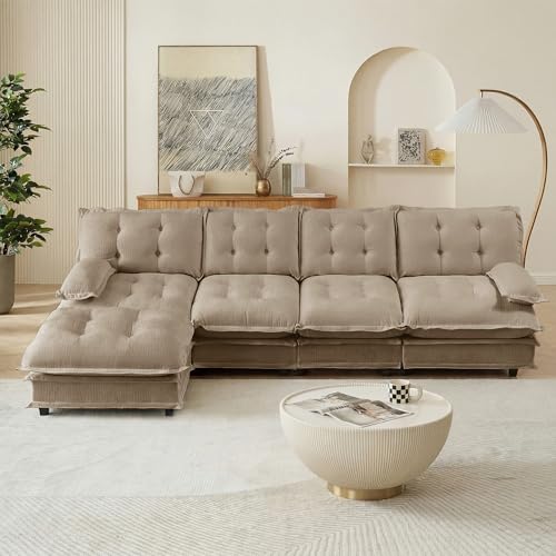 Image of 139 inch Sectional Sleeper Sofa with Ottoman, L Shaped Modular Deep Seat Couches for Living Room Apartment, Flexible Module Combination Cloud Sofa with Spring Support, Easy Assembly, Coffee