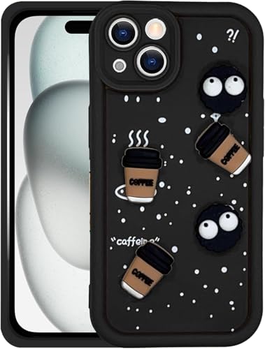 Image of GoldKart Back Case Cover Compatible for iPhone 15 | Cute Fun Cartoon 3D Ball Coffee Silicone Case | Full Body Protection Back Cover for iPhone 15 - Black