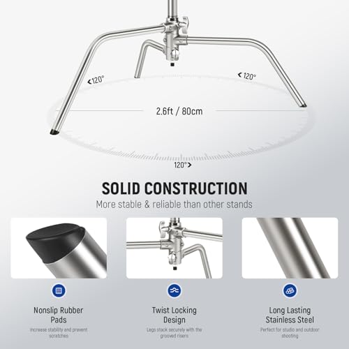 Image of NEEWER SC186W Stainless Steel Heavy Duty C Stand with Swivel Casters | 43 inch-73 inch /110-186cm, Photography Light Stand, 33 inch /83cm Boom Arm, 2 Grip Heads, for Studio Monolight, Softbox, Reflector