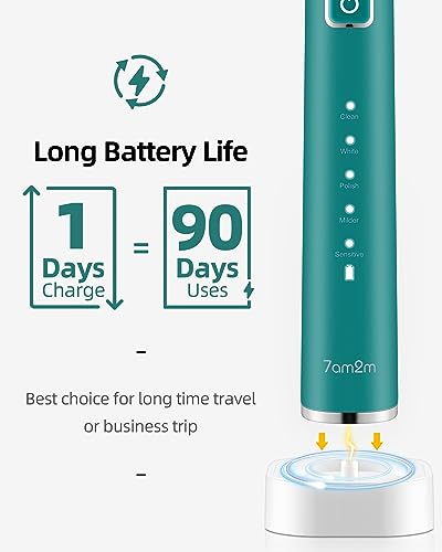 7Am2M US-101-PEACOCK GREEN Sonic Electric Toothbrush With 6 Brush Heads For Adults And Kids, One Charge For 90 Days,Wireless Fast Charge, 5 Modes With 2 Minutes Built In Smart Timer, Electric Toothbrushes thumb #5