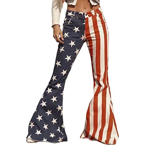 Jean évasé femme motif drapeau américain pantalon denim avec ceinture tendance