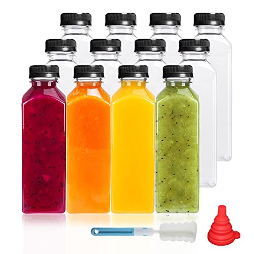 YBCPACK 12 Stück 500ml Kunststoff Saftflaschen zum Befüllen， Wiederverwendbare Leere Smoothie Flasche inklusive Reinigungsbürste und Silikontrichter, Ideal für Mini-Kühlschrank und Juicer Shots