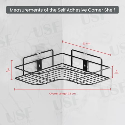 Image of USF Self Adhesive Corner Shelf for Bathroom, Stainless Steel Wall Mounted Storage Rack with No Drill Installation and Strong Hold Design for Kitchen Use, Easy Wall Installation (Black, Pack of 1)