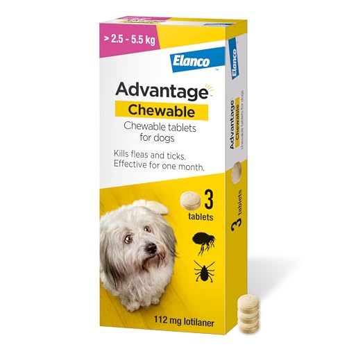 Advantage Chewable 112mg Chewable Tablets for Dogs >2.5-5.5kg (3 pack), Flea and Tick Treatment, Fast Acting Kills Fleas Within Hours, Prevention Lasts For A Month, Easy To Administer