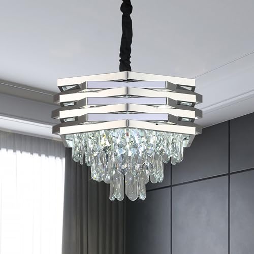 ZenithBeam Crystal Chandelier Modern Chrome,40cm Large Chandeliers for Dining Room K9 3 Tiers Flush Mount Round Ceiling Pendant Light Fixtures Chandelier for Living Room Kitchen Bedroom